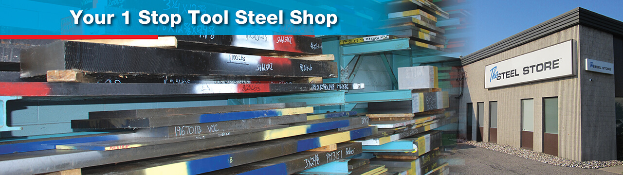 Banner image that features the outside of the steel store building and storage shelves of steel